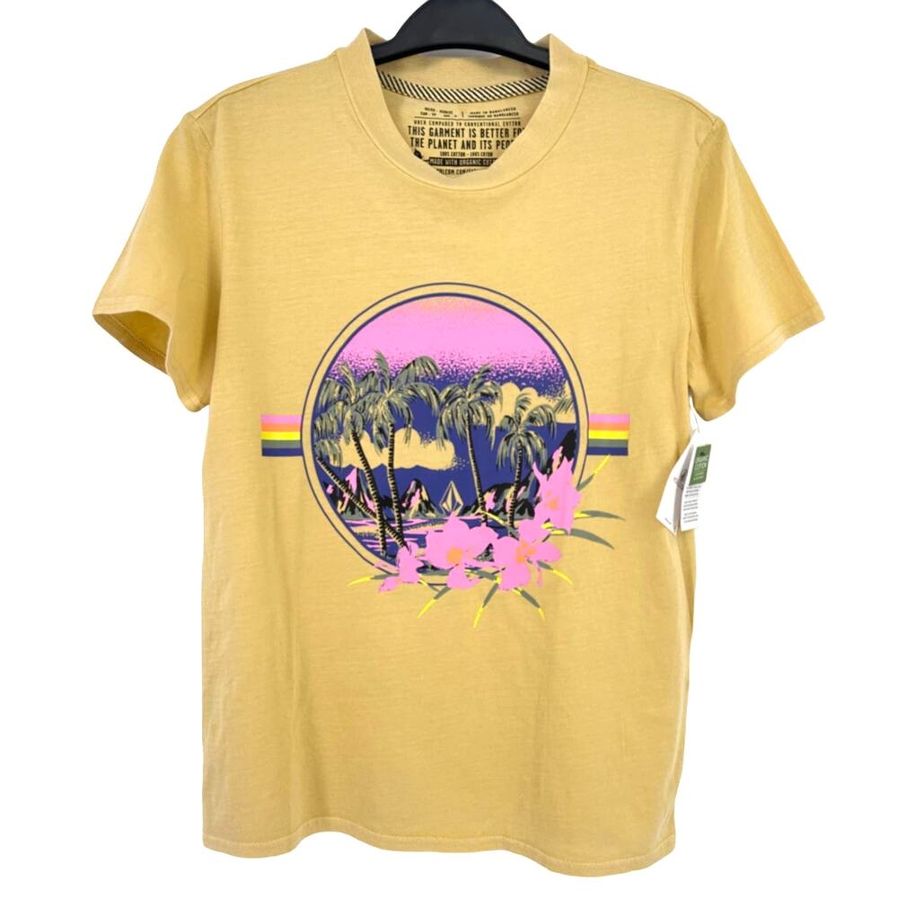 Volcom Lock It Up Retro Hawaiian Print T-Shirt Size XS Gold Yellow